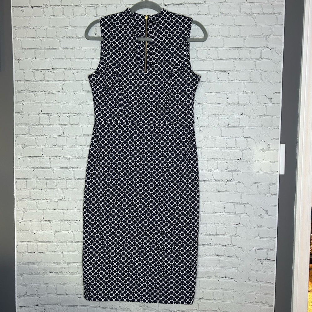 Nina Leonard Navy and White Geometric Midi Length Dress Size Medium